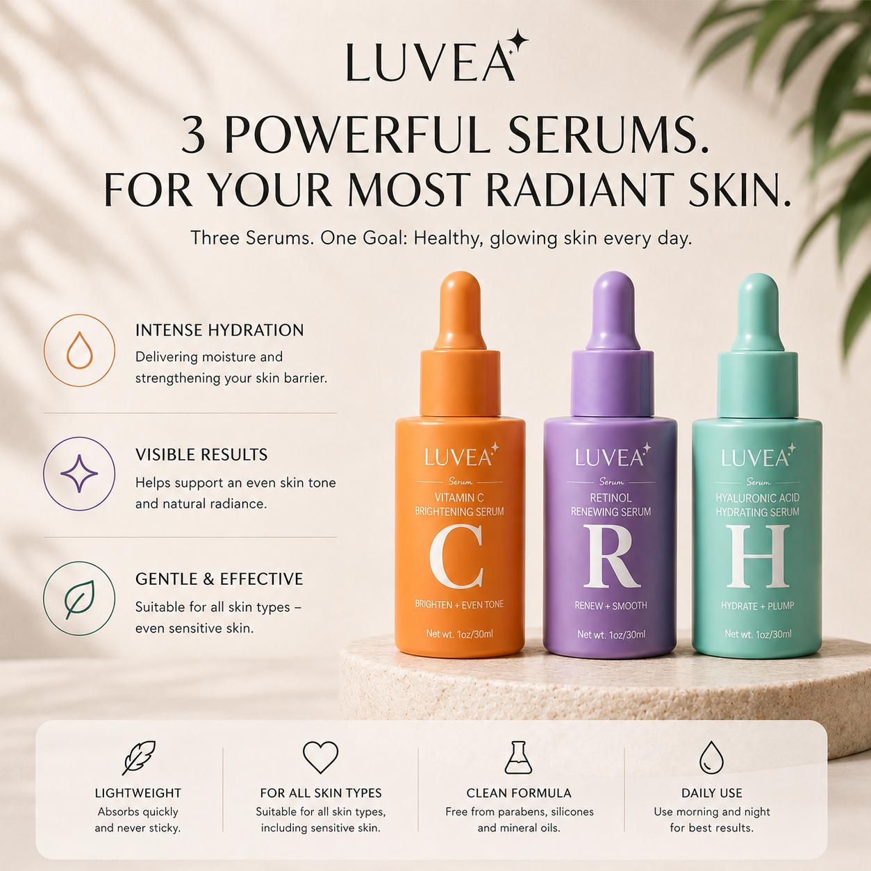 LUVEA Glow Trio – Complete Vitamin C, Retinol & Hyaluronic Acid Skincare Set